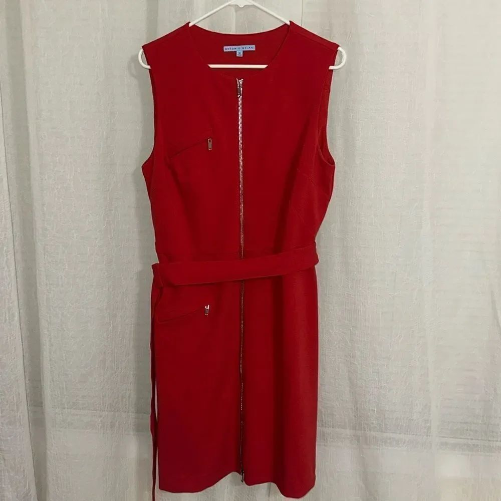 Antonio Melani 12 Red Sleveless Front Zip Belted Suiting Sheath Dress
